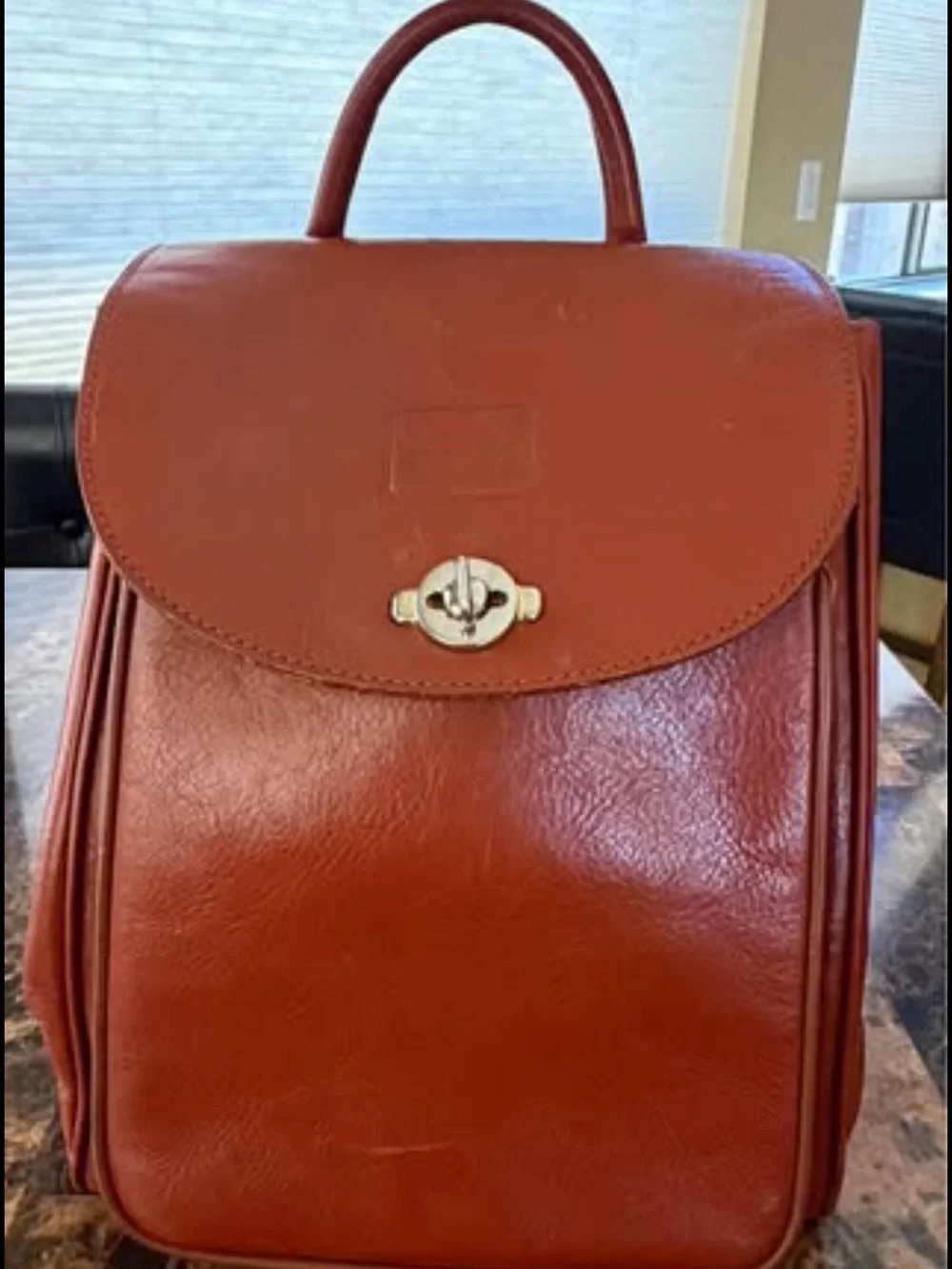 Structured Brick Red Leather Top-Handle Backpack